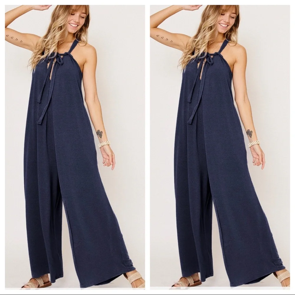 ✨ONE DAY SALE✨Navy Blue Fabulous Boho Chic Tie Shoulder wide leg jumpsuit - Picture 1 of 2
